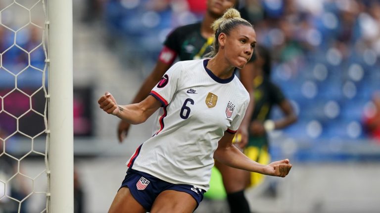 United States' Trinity Rodman celebrates scoring her side's 5th goal against Jamaica during a CONCACAF Women's Championship soccer match in Monterrey, Mexico, Thursday, July 7, 2022. (Fernando Llano/AP)