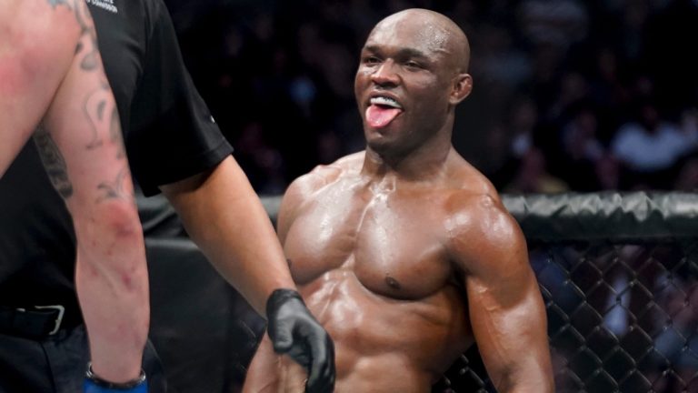 Kamaru Usman reacts during a welterweight mixed martial arts championship bout at UFC 268 in New York. (Corey Sipkin/AP)