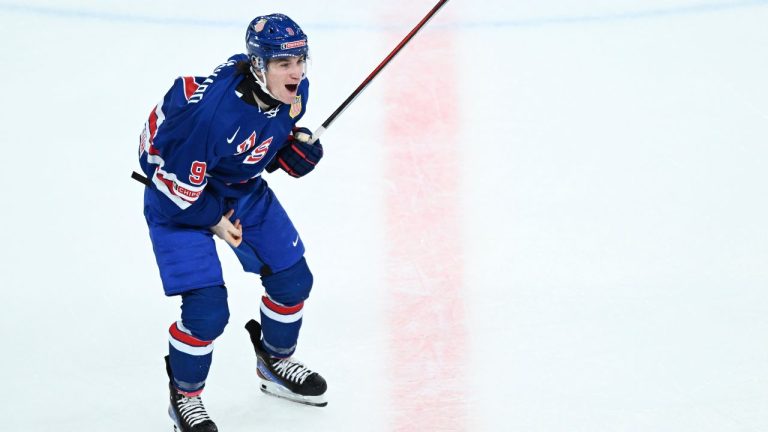 Ryan Leonard celebrates scoring during the IIHF World Junior Championship ice hockey final match between Sweden and USA at Scandinavium in Gothenburg, Sweden, Friday Jan. 5, 2024. (Bjorn Larsson Rosvall/TT via AP)