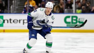 Vancouver Canucks center Elias Pettersson (40) in action against the New York Islanders in the first period of an NHL hockey game Tuesday, Jan. 9, 2024, in Elmont, N.Y. (Adam Hunger/AP)