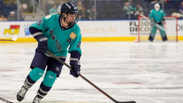 New York's Alex Carpenter during the first period of a PWHL hockey game against Montreal Wednesday, March 6, 2024, in Bridgeport. (Frank Franklin II/AP)