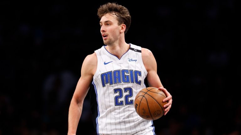 Orlando Magic forward Franz Wagner dribbles against the Brooklyn Nets during the second half of an NBA basketball game. (Noah K. Murray)