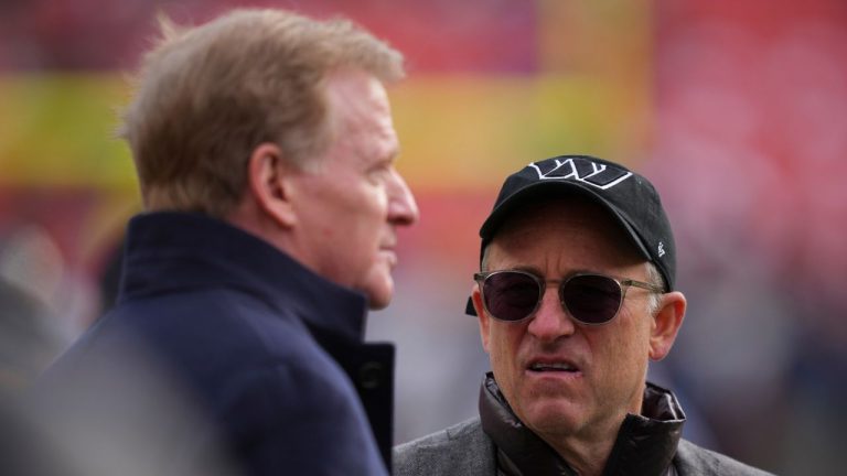 Washington Commanders managing partner Josh Harris, right, speaks with league commissioner Roger Goodell before an NFL football game against the Tennessee Titans, Sunday, Dec. 1, 2024, in Landover, Md. (Matt Slocum/AP)