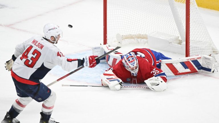 Washington Capitals' Tom Wilson scores against Montreal Canadiens goaltender Sam Montembeault during third period NHL hockey action in Montreal, Saturday, December 7, 2024. (Graham Hughes/CP)