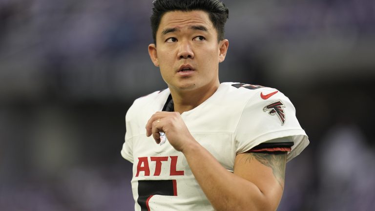 Atlanta Falcons place kicker Younghoe Koo (6) stands on the field before an NFL football game. (Abbie Parr/AP)