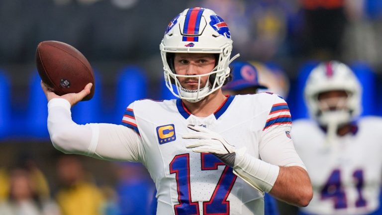 Buffalo Bills quarterback Josh Allen works out prior to an NFL football game against the Los Angeles Rams, Sunday, Dec. 8, 2024, in Inglewood, Calif. (Gregory Bull/AP)