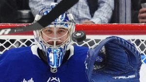 Toronto Maple Leafs goaltender Anthony Stolarz (41) tracks the puck during second period NHL hockey action against the Los Angeles Kings in Toronto, on Wednesday, October 16, 2024. (Frank Gunn/CP)