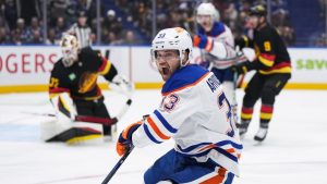 Edmonton Oilers' Viktor Arvidsson (33) celebrates his goal against the Vancouver Canucks during the second period of an NHL hockey game in Vancouver, on Saturday, November 9, 2024. (Darryl Dyck/CP)