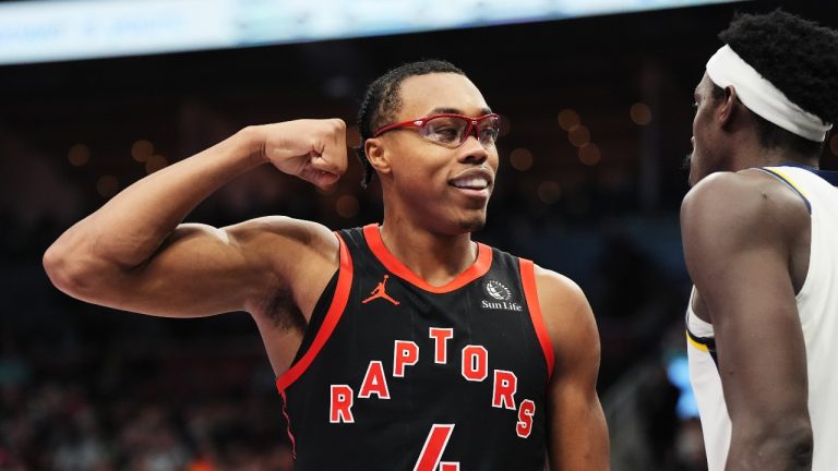 Toronto Raptors' Scottie Barnes (4) celebrates a basket against the Indiana Pacers during second half NBA basketball action in Toronto on Tuesday, December 3, 2024. (Frank Gunn/THE CANAIDAN PRESS)