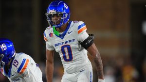 Boise State safety Ty Benefield (0) in the first half of an NCAA college football game Saturday, Nov. 23, 2024, in Laramie, Wyo. (David Zalubowski/AP)