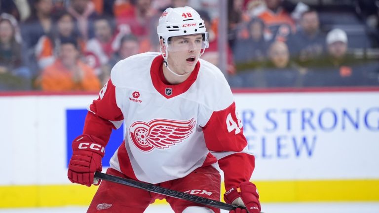 Detroit Red Wings' Jonatan Berggren plays during an NHL hockey game, Thursday, Dec. 12, 2024, in Philadelphia. (Matt Slocum/AP)