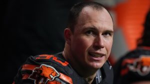 B.C. Lions defensive lineman Mathieu Betts sits on the bench during the second half of a CFL football game against the Calgary Stampeders, in Vancouver, on Friday, October 20, 2023. Betts signed a one-year deal with the Detroit Lions on Tuesday. (Darryl Dyck/CP)