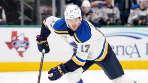 St. Louis Blues defenseman Cam Fowler skates to the puck in the first period of an NHL hockey game against the Dallas Stars. (Tony Gutierrez/AP)