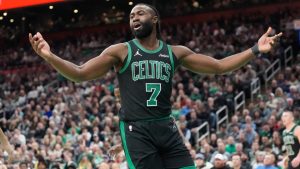 Boston Celtics guard Jaylen Brown (7) during an NBA basketball game, Monday, Dec. 2, 2024, in Boston. (Charles Krupa/AP)