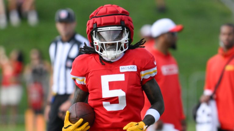 Kansas City Chiefs wide receiver Marquise "Hollywood" Brown carries after a catch during NFL football training camp Saturday, July 27, 2024, in St. Joseph, Mo. (Reed Hoffmann/AP)