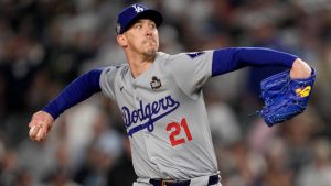 Los Angeles Dodgers pitcher Walker Buehler throws against the New York Yankees during the ninth inning in Game 5 of the baseball World Series, Wednesday, Oct. 30, 2024, in New York. (Ashley Landis/AP)