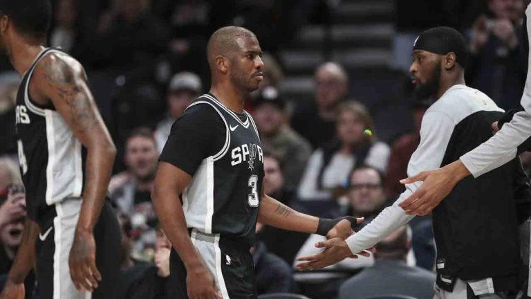 San Antonio Spurs guard Chris Paul (3) walks off the court after being ejected during the first half of an NBA basketball game against the Portland Trail Blazers Friday, Dec. 13, 2024, in Portland, Ore. (Amanda Loman/AP)