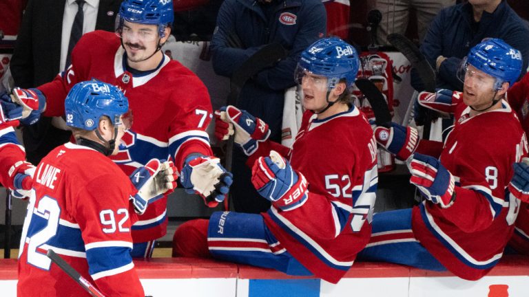 Montreal Canadiens' Patrik Laine (92) celebrates his goal over the Nashville Predators with teammates Arber Xhekaj (72), Justin Barron (52) and Mike Matheson (8) during third period NHL hockey action in Montreal on Thursday, Dec. 5, 2024. (Christinne Muschi/CP)