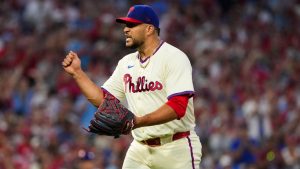 Philadelphia Phillies pitcher Carlos Estévez reacts after New York Mets' Francisco Alvarez lined out during the eighth inning of Game 2 of a baseball NL Division Series, Sunday, Oct. 6, 2024, in Philadelphia. (Matt Slocum/AP)