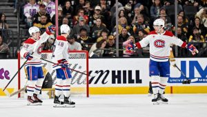 Montreal Canadiens right wing Cole Caufield (13), defenceman Lane Hutson (48) and left wing Juraj Slafkovsky celebrate after Caufield's goal against the Vegas Golden Knights during the second period of an NHL hockey game Tuesday, Dec. 31, 2024, in Las Vegas. (David Becker/AP)