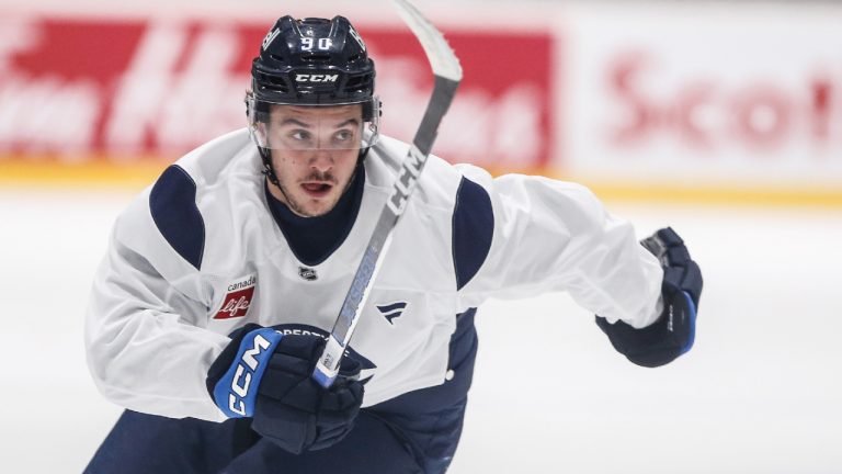 Winnipeg Jets' Nikita Chibrikov (90) skates during their NHL training camp practice in Winnipeg, Friday, September 20, 2024. (John Woods/CP)