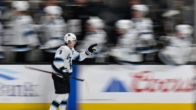 Utah Hockey Club centre Clayton Keller (9) celebrates his goal against the San Jose Sharks during the third period of an NHL hockey game Saturday, Dec. 14, 2024, in San Jose, Calif. (Eakin Howard/AP)