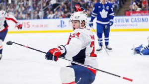 Washington Capitals centre Connor McMichael (24) celebrates his goal against the Toronto Maple Leafs during third period NHL hockey action in Toronto on Friday, December 6, 2024. (Cole Burston/CP)