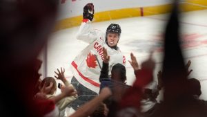 Canada forward Easton Cowan (27) celebrates his goal during second period IIHF World Junior Hockey Championship tournament action against Team Finland, Thursday, Dec. 26, 2024 in Ottawa. (Adrian Wyld/THE CANADIAN PRESS)