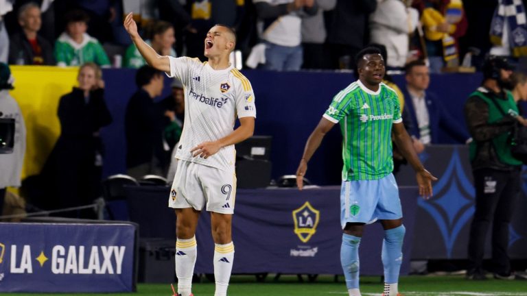 Los Angeles Galaxy forward Dejan Joveljic, left, celebrates after scoring during the second half of an MLS Western Conference final soccer match against the Seattle Sounders, Saturday, Nov. 30, 2024, in Carson, Calif. (Etienne Laurent/AP)