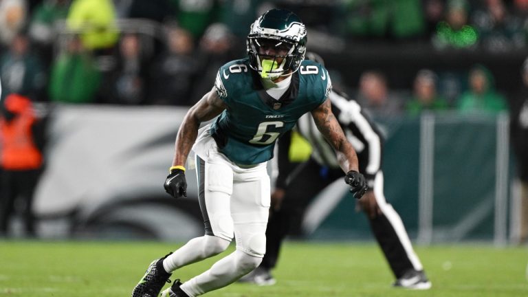 Philadelphia Eagles wide receiver DeVonta Smith (6) in action during the first half of an NFL football game against the Washington Commanders, Thursday, Nov. 14, 2024, in, Philadelphia. (Terrance Williams/AP)