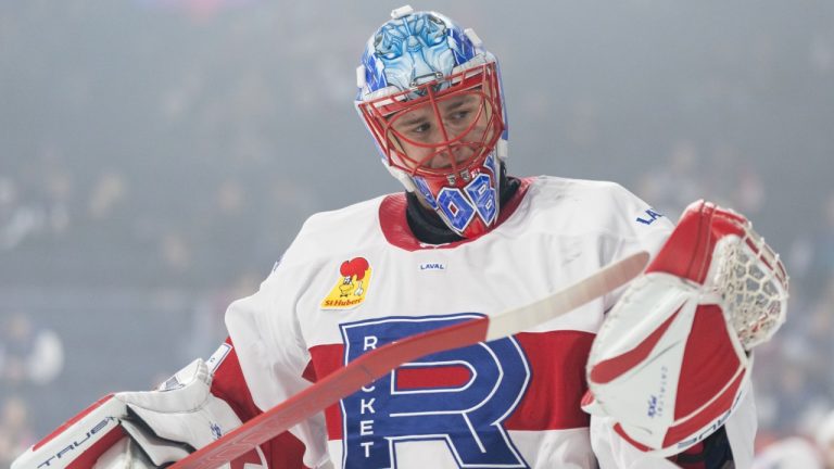 Laval Rockets goaltender Jakub Dobes (71) warms up prior to AHL hockey action in Laval, Que., on Wednesday, Nov. 20, 2024. (Christinne Muschi/CP)