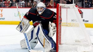 Carolina Hurricanes goaltender Dustin Tokarski (34) watches the puck against the Columbus Blue Jackets during the first period of an NHL hockey game in Raleigh, N.C., Sunday, Dec. 15, 2024. (Karl B DeBlaker/AP)