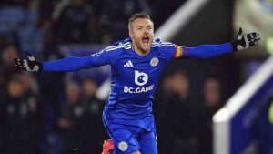 Leicester City's Jamie Vardy celebrates after scoring the opening goal during the English Premier League soccer match between Leicester City and West Ham United at the King Power Stadium in Leicester, England, Tuesday, Dec. 3, 2024. (Mike Egerton/PA via AP)
Mike Egerton