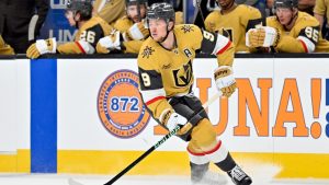 Vegas Golden Knights center Jack Eichel (9) skates against the Edmonton Oilers during the second period of an NHL hockey game Tuesday, Dec. 3, 2024, in Las Vegas. (David Becker/AP)