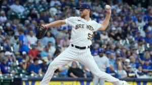 Milwaukee Brewers starter Eric Lauer throws during the first inning of a baseball game against the Chicago Cubs. (Morry Gash/AP)