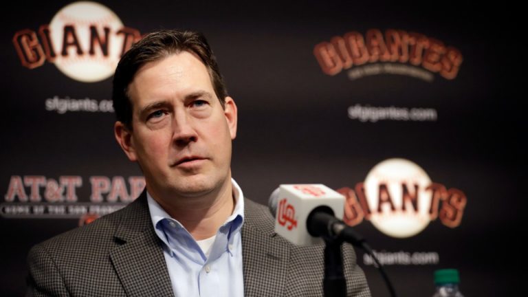 FILE - San Francisco Giants general manager Bobby Evans during a news conference in San Francisco, Jan. 19, 2018. (Marcio Jose Sanchez/AP)