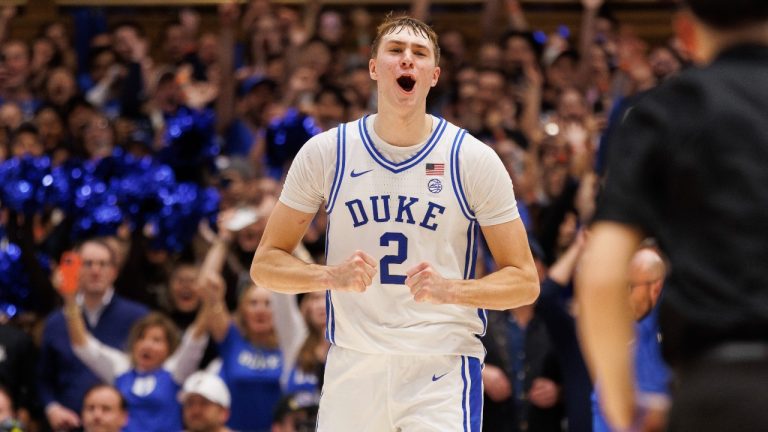 Duke's Cooper Flagg (2) celebrates after defeating Auburn in an NCAA college basketball game in Durham, N.C., Wednesday, Dec. 4, 2024. (Ben McKeown/AP Photo)