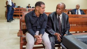 Tampa Bay Rays shortstop Wander Franco, left, sits in court with his lawyer Teodosio Jaquez for his trial on charges of sexually abusing a minor, sexual and commercial exploitation against a minor and human trafficking, in Puerto Plata, Dominican Republic, Thursday, Dec. 12, 2024. (Ricardo Hernandez/AP Photo)