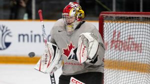 Goaltender Carter George (31) stops a shot during the second day of Canadian World Junior Hockey Championships selection camp at TD Place in Ottawa, on Wednesday, Dec. 11, 2024. (Spencer Colby/CP)