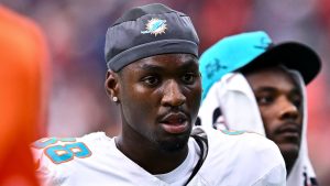 Miami Dolphins wide receiver Grant DuBose (88) walks off the field at the end of the first half against the Houston Texans during an NFL football game, Sunday, Dec 15, 2024 in Houston. (Maria Lysaker/AP)