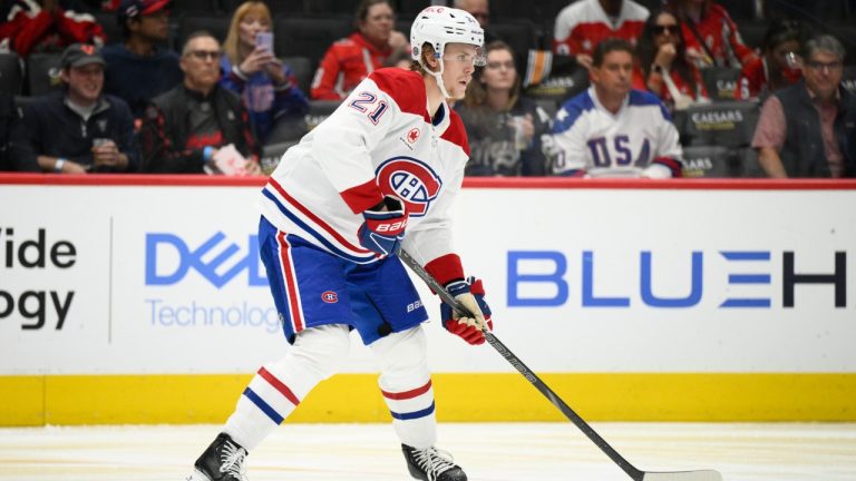 Montreal Canadiens defenceman Kaiden Guhle (21) in action during the first period of an NHL hockey game against the Washington Capitals, Thursday, Oct. 31, 2024, in Washington. (Nick Wass/AP)