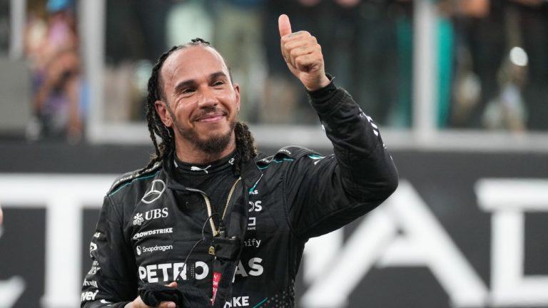 Mercedes driver Lewis Hamilton of Britain reacts after the Formula One Abu Dhabi Grand Prix at the Yas Marina Circuit in Abu Dhabi, UAE, Sunday, Dec. 8, 2024. (Darko Bandic/AP)