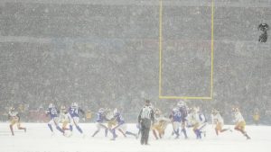 Snow falls at Highmark Stadium during the second half of an NFL football game between the Buffalo Bills and the San Francisco 49ers in Orchard Park, N.Y., Sunday, Dec. 1, 2024. (Gene J. Puskar/AP)