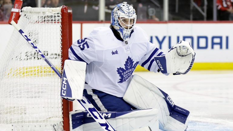 Toronto Maple Leafs goaltender Dennis Hildeby (35) defends during the second period of an NHL hockey game against the New Jersey Devils Thursday, Oct. 10, 2024, in Newark, N.J. (Adam Hunger/AP)