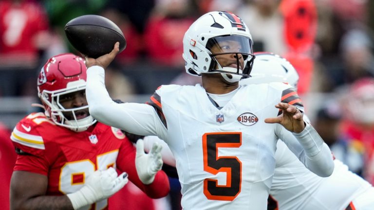 Cleveland Browns quarterback Jameis Winston (5) passes under pressure against the Kansas City Chiefs during the first half of an NFL football game, Sunday, Dec. 15, 2024, in Cleveland. (Sue Ogrocki/AP)