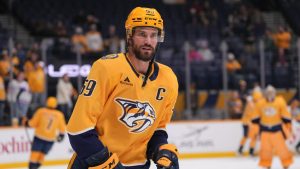 Nashville Predators defenceman Roman Josi (59) warms up for the team's NHL hockey game against the Calgary Flames, Tuesday, Dec. 10, 2024, in Nashville, Tenn. (George Walker IV/AP)