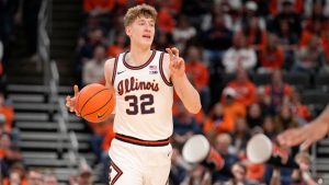 Illinois' Kasparas Jakucionis brings the ball down the court during the first half of an NCAA college basketball game against Missouri Sunday, Dec. 22, 2024, in St. Louis. (Jeff Roberson/AP)