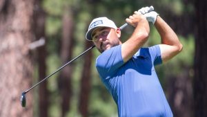 Marcus Kinhult watches his tee during the first round of the Barracuda Championship golf tournament at the Tahoe Mt. Club's Old Greenwood golf course in Truckee, Calif., Thursday, July 20, 2023. (Tom R. Smedes/AP)