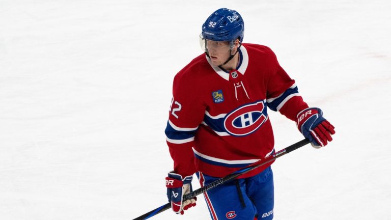 Montreal Canadiens' Patrik Laine (92) warms up on the ice prior to first period NHL hockey action against the New York Islanders in Montreal on Tuesday, Dec. 3, 2024. (Christinne Muschi/CP)