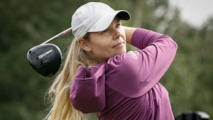 Canada's Maude-Aimee Leblanc hits a tee shot on the first hole during the third round at the LPGA Canadian Women's Open golf tournament in Calgary, Alta., Saturday, July 27, 2024. (Jeff McIntosh/THE CANADIAN PRESS)